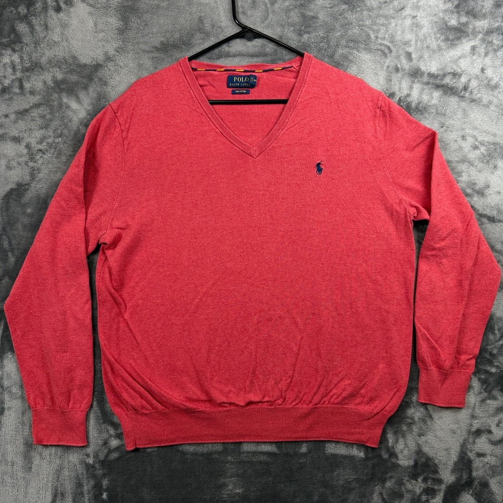 Polo Ralph Lauren Sweater Men Large Red Pima Cotton V-Neck Long Sleeve Pony Logo